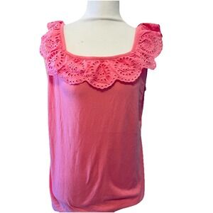 Talbots Womens Pink Eyelet Lace Ruffle‎ Square Neck Cotton Tank Top Size L NEW